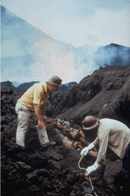 Scientists sample fumaroles near the flank vent at Cerro Negro in November 1968. 